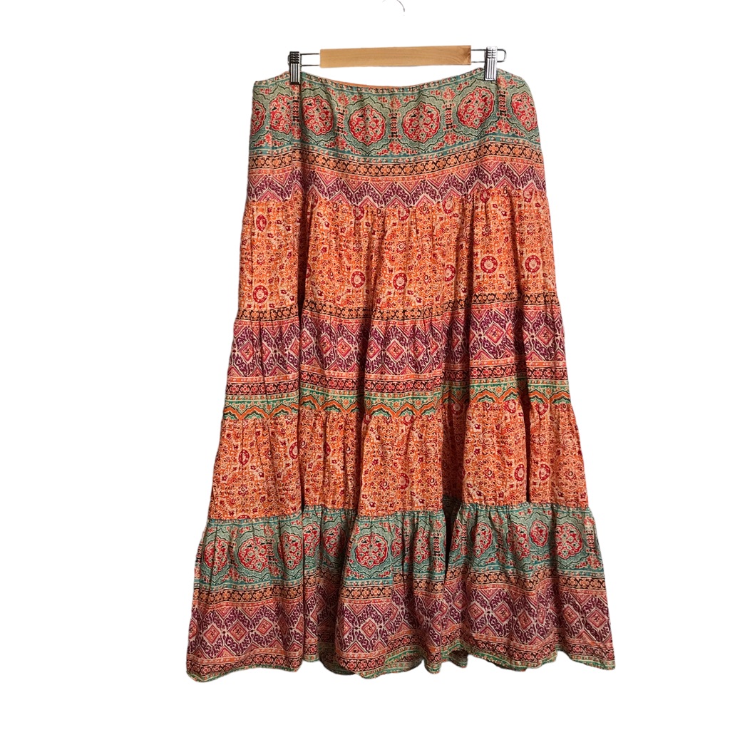 Lauren Ralph Lauren Large 100% Cotton Tiered Boho Maxi Peasant Skirt Modest